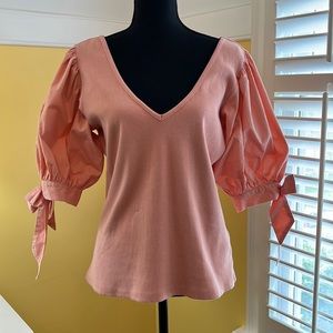 NWT Anthropologie Maeve Puffed-Sleeve Top, V-Neck, Adjustable Tie Cuffs, Size L